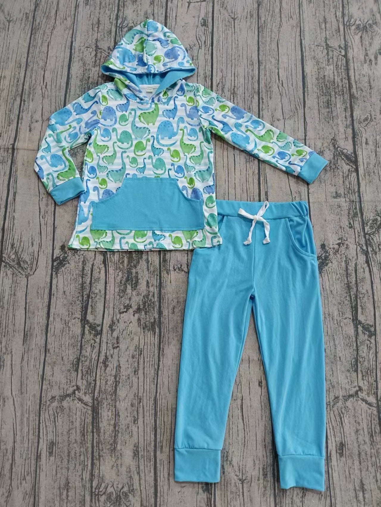 Custom moq 3 eta 6-7weeks baby girl clothes dinosaur hooded long-sleeved top and pants set-25.8.28