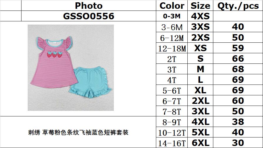 GSSO0556 Embroidered strawberry pink striped flying sleeve blue shorts suit