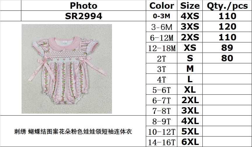 RTS NO MOQ SR2994 Embroidered bow pattern flower pink doll collar short-sleeved jumpsuit
