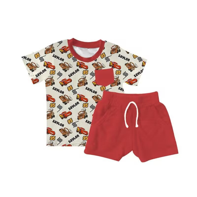 custom moq 5 eta 6-7weeks baby boys clothes car red short sleeve shorts suit