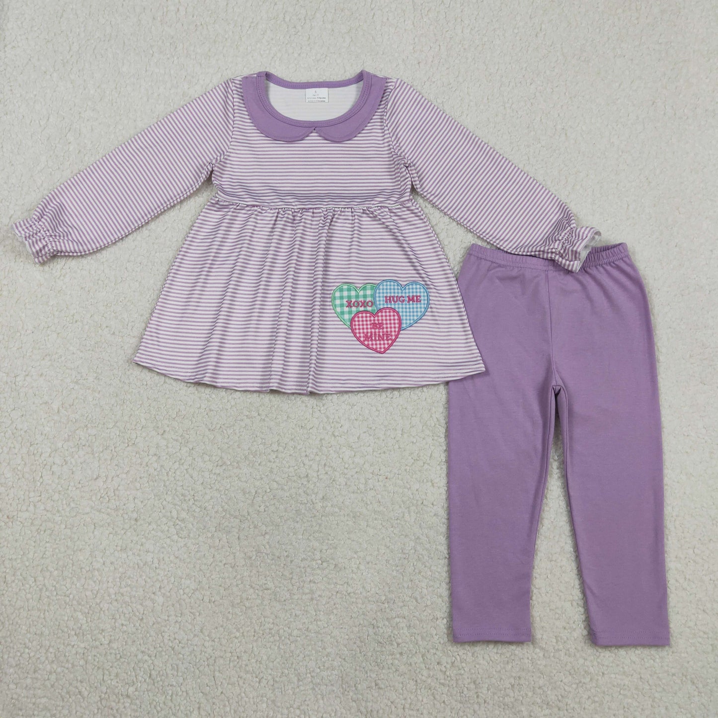 RTS NO MOQ(In Stock) GLP3262 Embroidered xoxo letter heart Peter Pan collar purple striped long-sleeved shirt and pants set