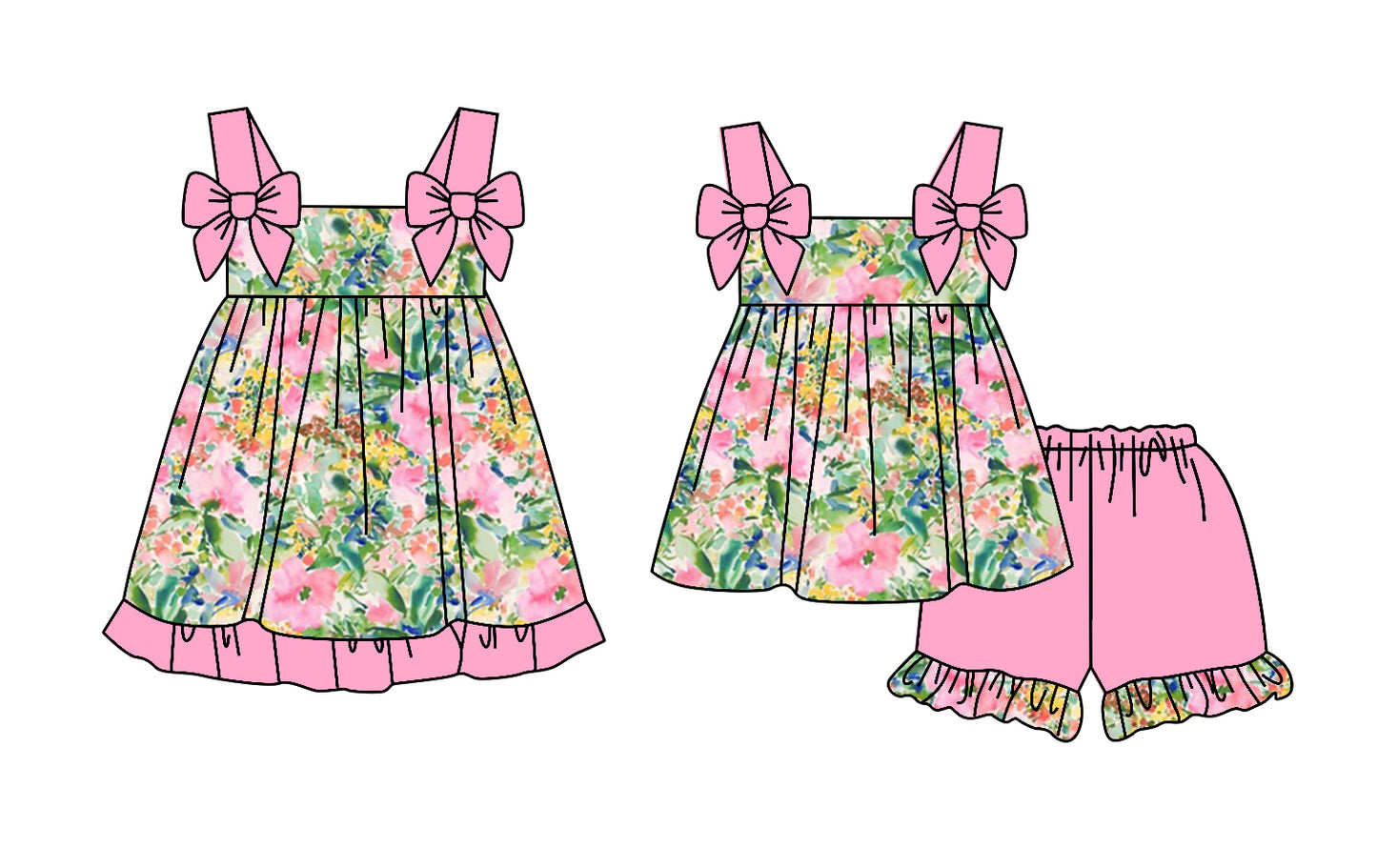 2.24 custom each style moq 5eta 4-6week Sibling Sister floral baby girl short sleeve shorts sets and dresses match design