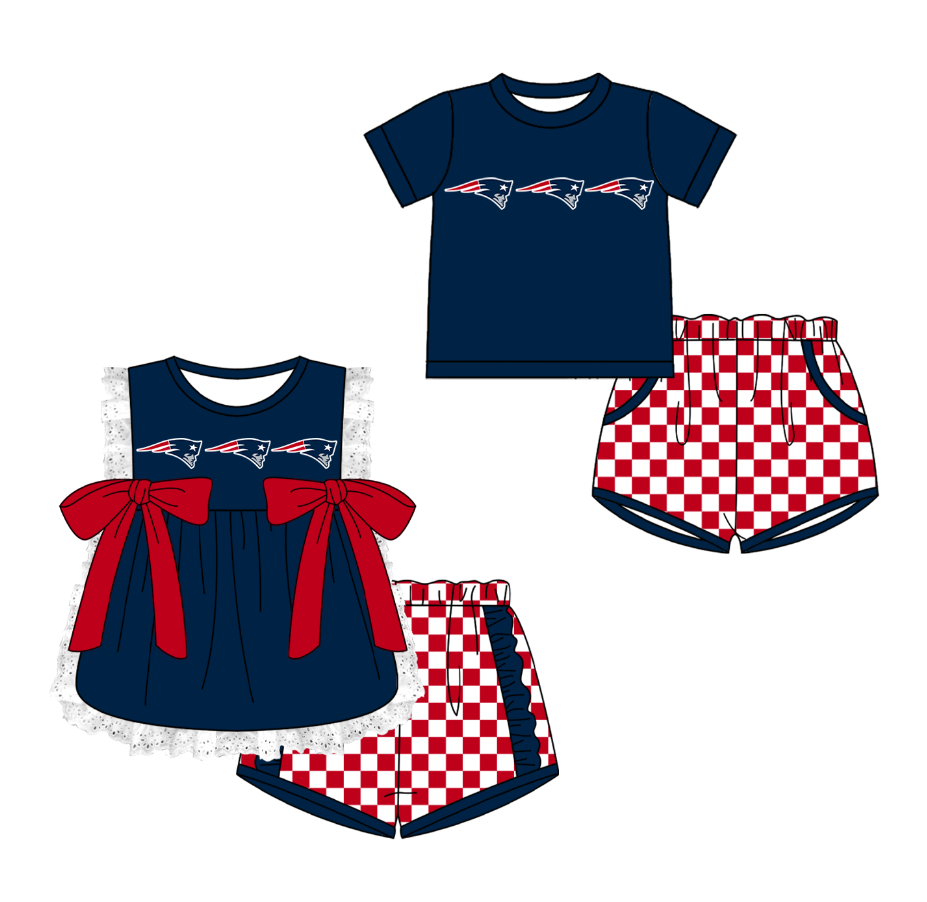Custom moq 5 mix size milk silk summer teams Navy Blue Girl Sleeveless Top And Plaid Shorts Set with Bow Boy Short Sleeved Top And Plaid Shorts Set