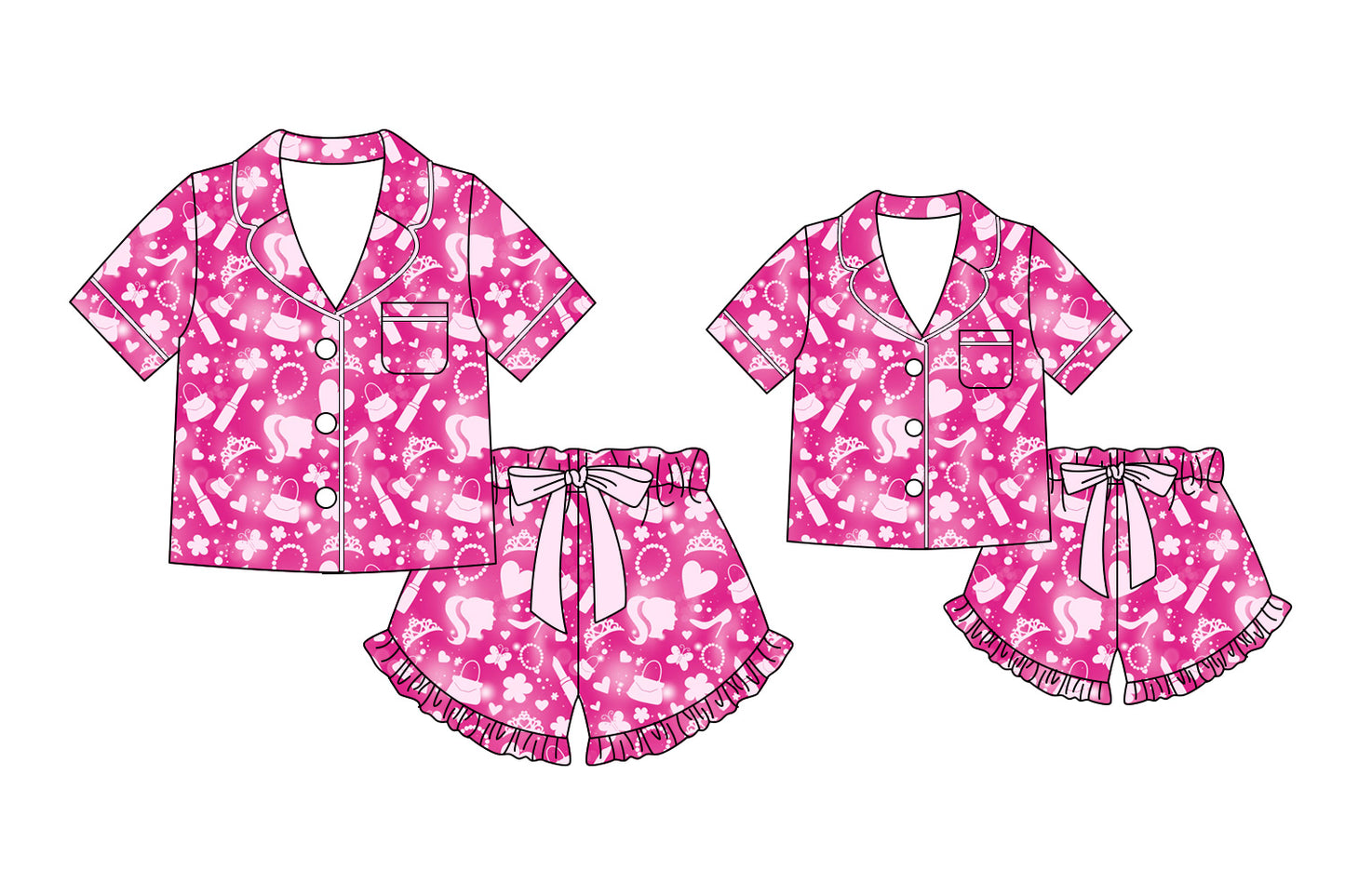3.14 Custom moq 5 mix size Sibling Mom And Me Pink Pajama Set Short-Sleeved Top And Shorts Matching Sleepwear