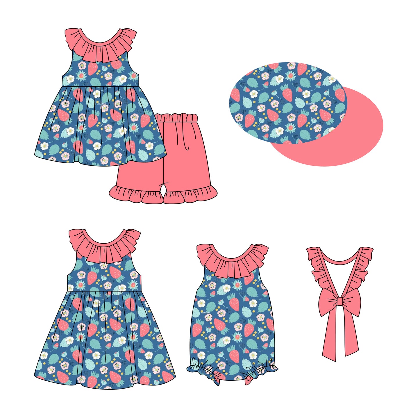 2.20 custom each style moq 5eta 4-6week Sibling Sisters strawberry floral baby girl short sleeve shorts sets and dress and rompers match family design