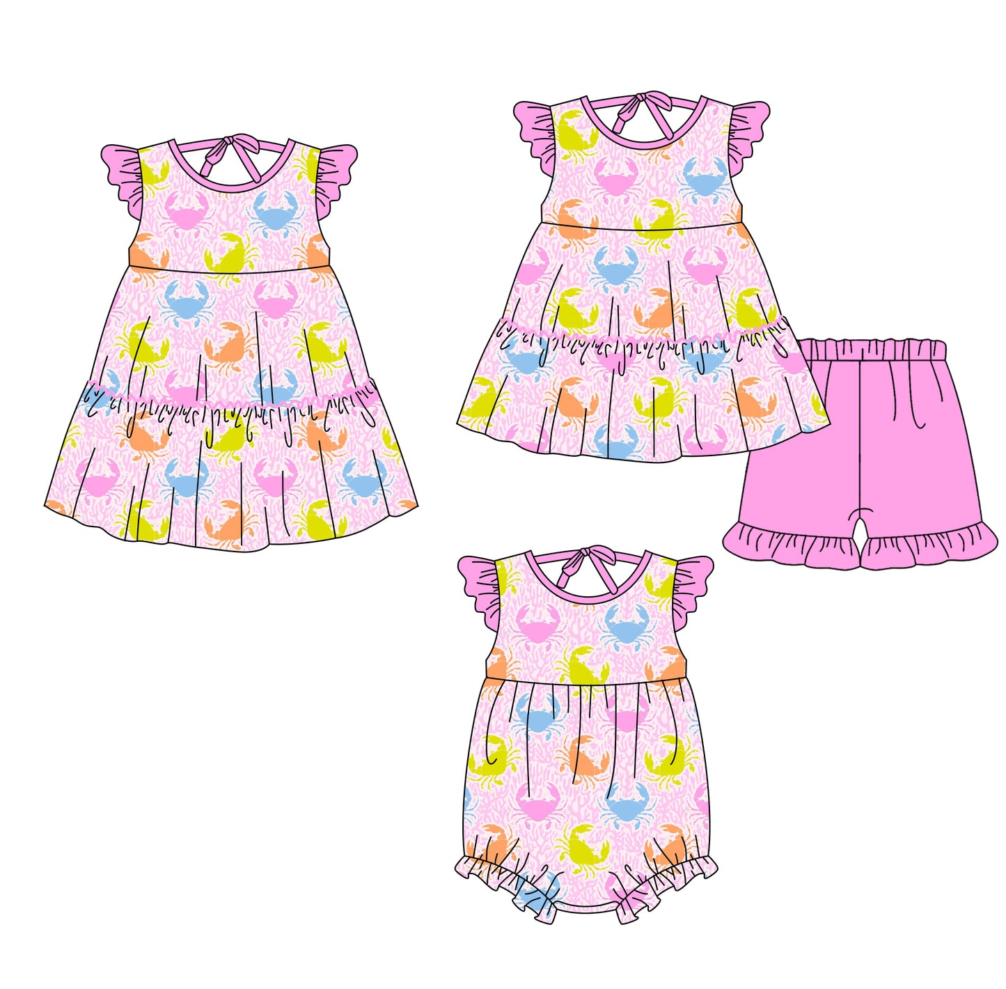 3.20 Custom moq 5 mix size Sibling Baby Girl's Pink Flutter Sleeve Top And Shorts Set Cute Romper Dress for Summer