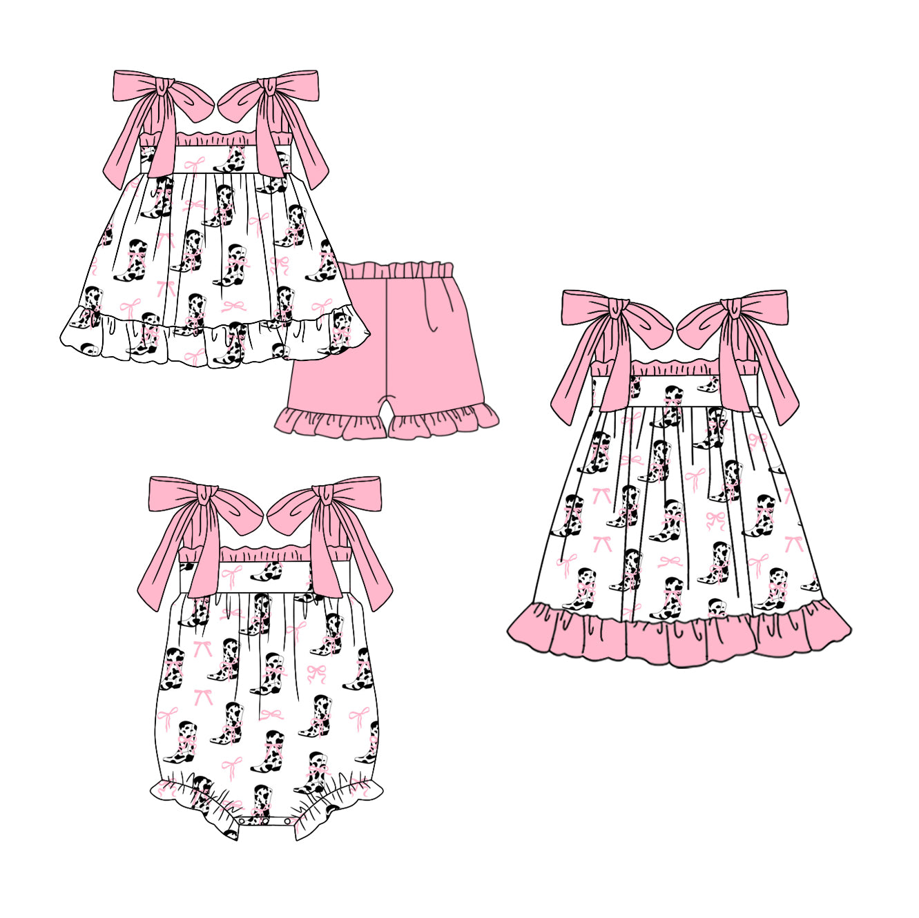 2.27 custom each style moq 5eta 4-6week Sibling Sisters bow boot baby girl short sleeve shorts sets and dress and rompers match family design