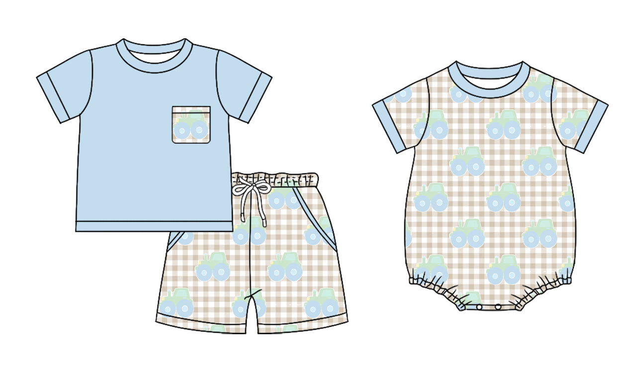 Custom moq 5 mix size Sibling Blue Plaid Short-Sleeved Romper And Shorts Set Baby Boys Outfit