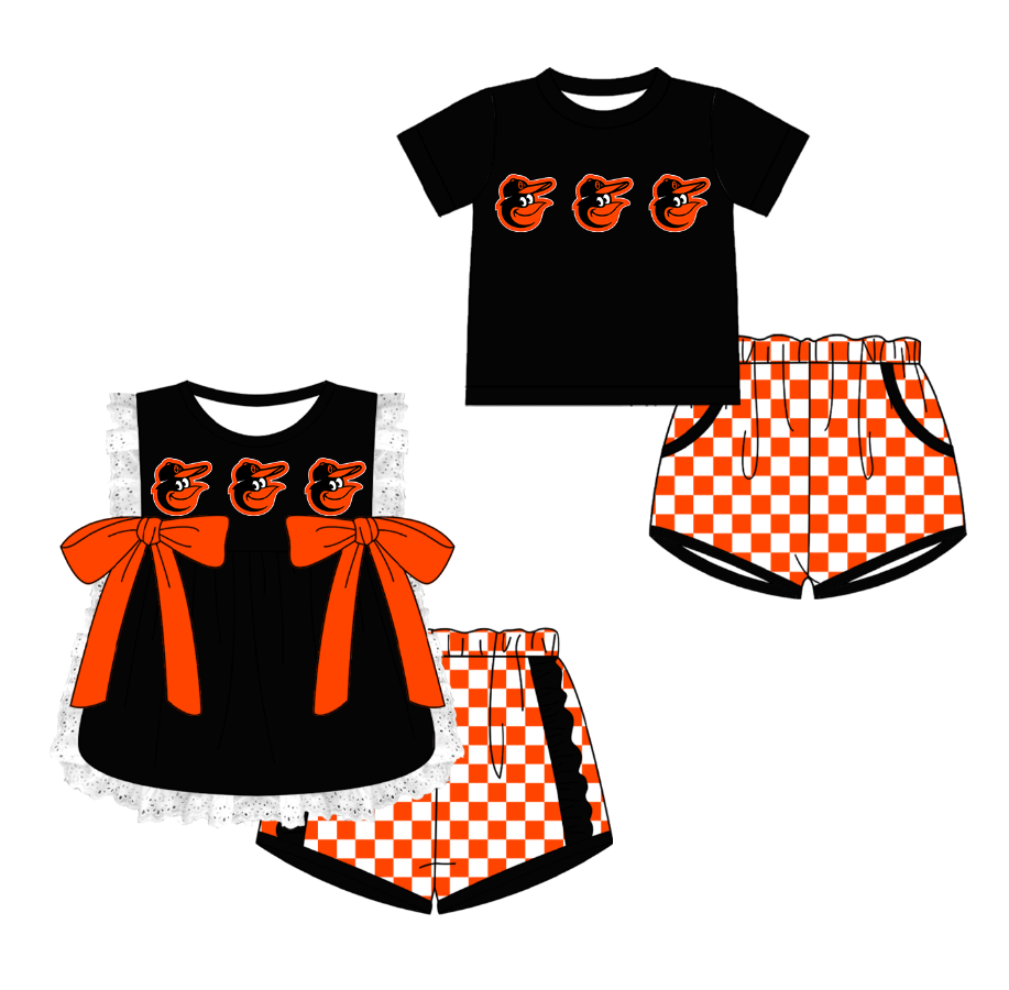 Custom moq 5 mix size milk silk summer teams Black Girl Sleeveless Top And Plaid Shorts Set with Bow Boy Short Sleeved Top And Plaid Shorts Set