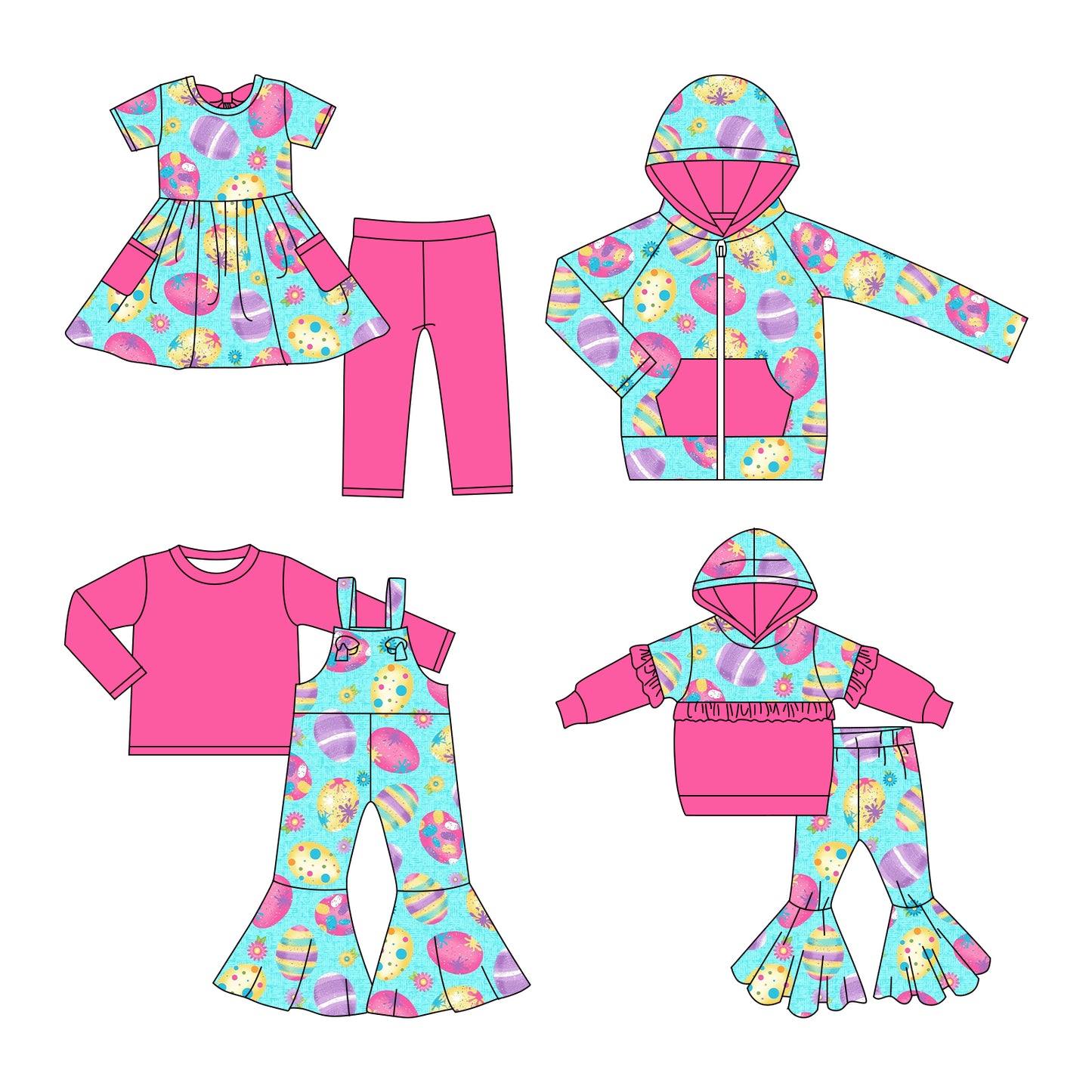 25.11.7 custom each style moq 5 eta 6-8week Sibling Sisters eggs baby girl hooded long sleeve pants sets and top and and short pants sets and jumpsuit set match family design