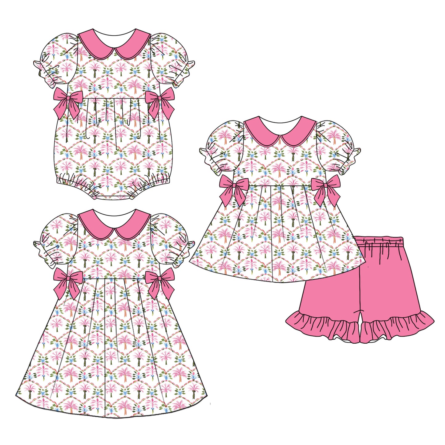 3.31 Custom moq 5 mix size Sibling Baby Girl's Short Sleeve Tunic Pink Shorts Set Cute Romper Dress for Summer