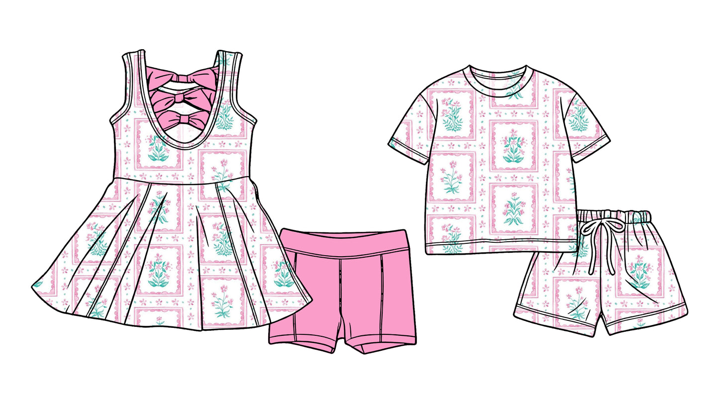 Custom moq 5 mix size Sibling Baby Girl pink Sleeveless Yoga Dress And Shorts Outfit Short Sleeved Top And Shorts Set