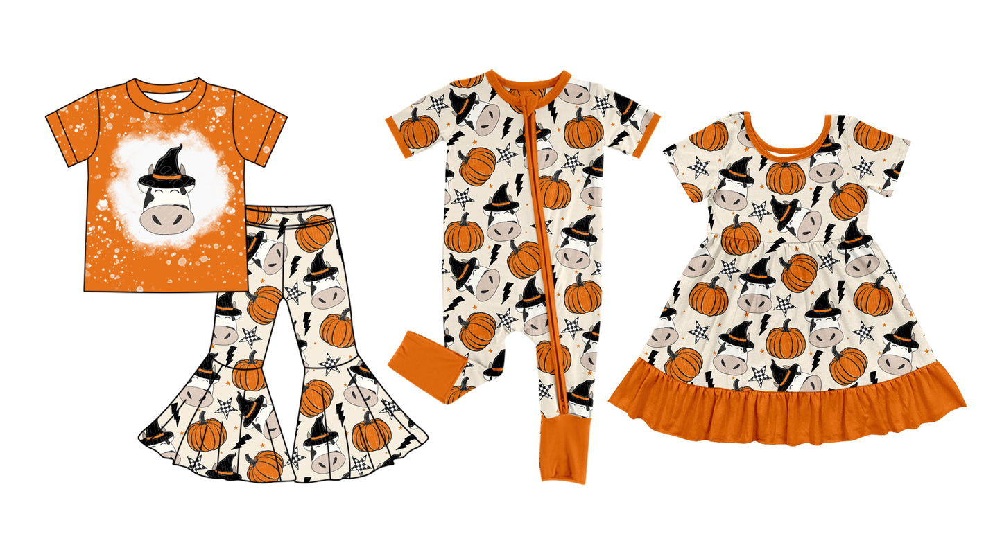 5.5 custom each style moq 5eta 4-6week Sibling Sisters pumpkin cow baby girl short sleeve pants sets and dress and rompers match family design