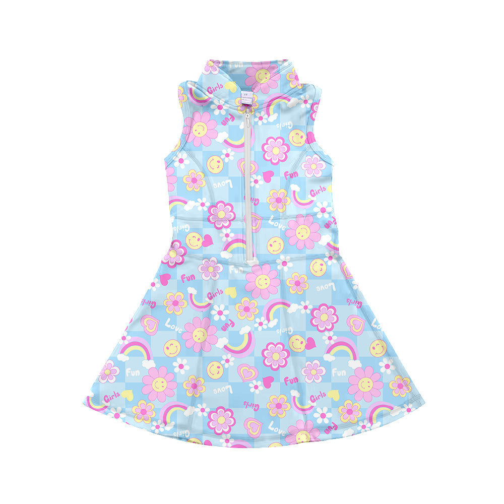 7.2 custom each style moq 5eta 4-6week smiley floral blue baby girls clothes Yoga Wear girls sets and sleeveless dress