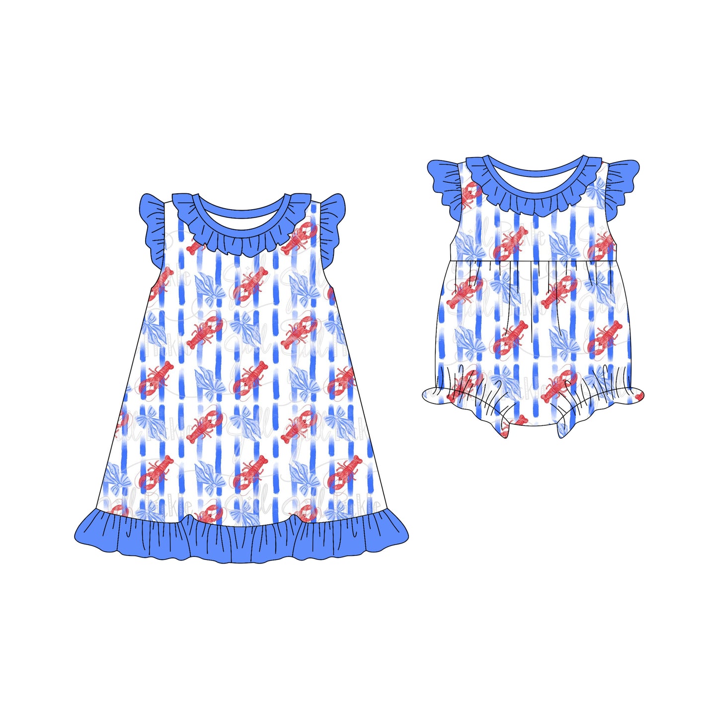 25.12.12 custom each style moq 5 eta 6-8week Sibling Sister lobster baby short sleeve romper and dress match design