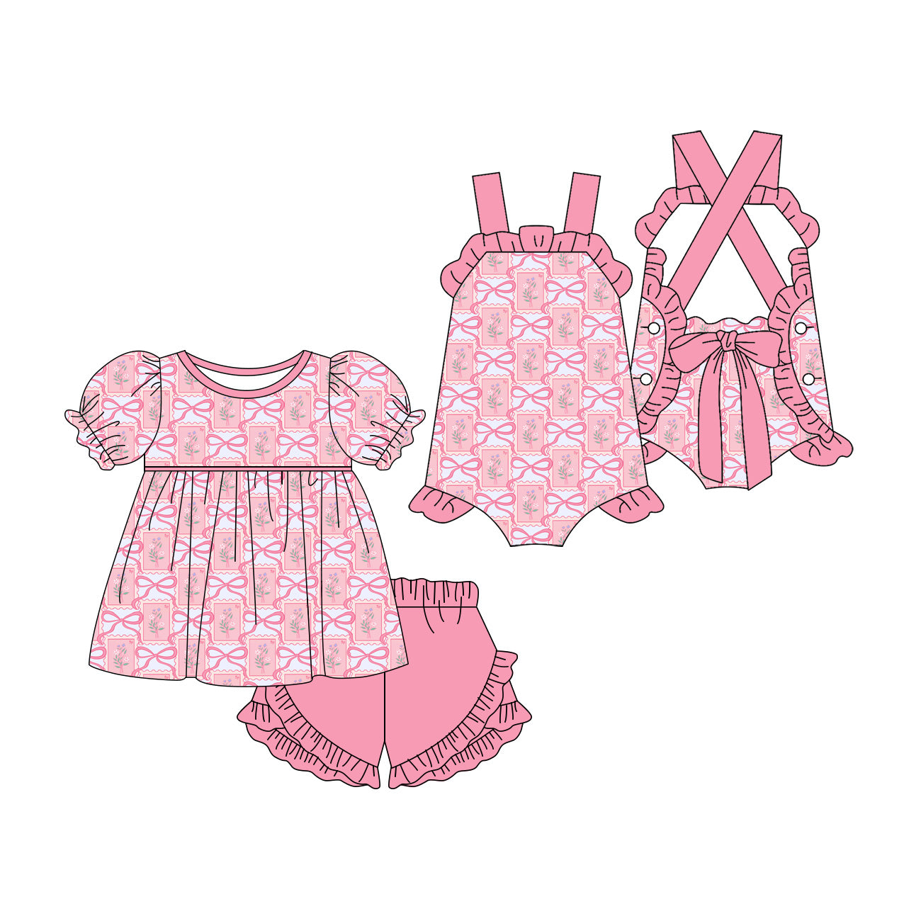 3.11 Custom moq 5 mix size Sibling Baby Girl's Pink Short Sleeves Top And Pink Ruffle Short Set Cute Romper for Summer