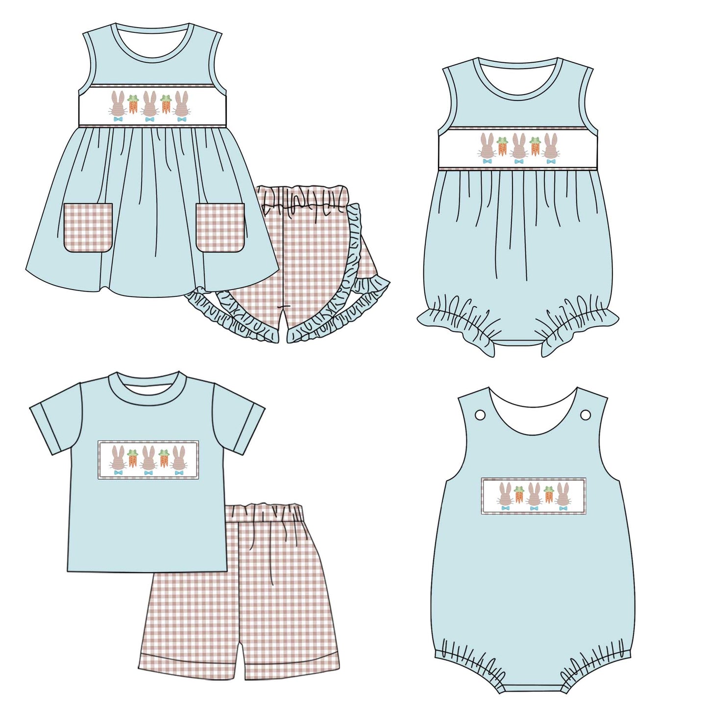 11.2 custom each style moq 5eta 4-6week Sibling Sister easter baby girl short sleeve shorts sets and briefs sets 2 and girls romper and boy romper match design