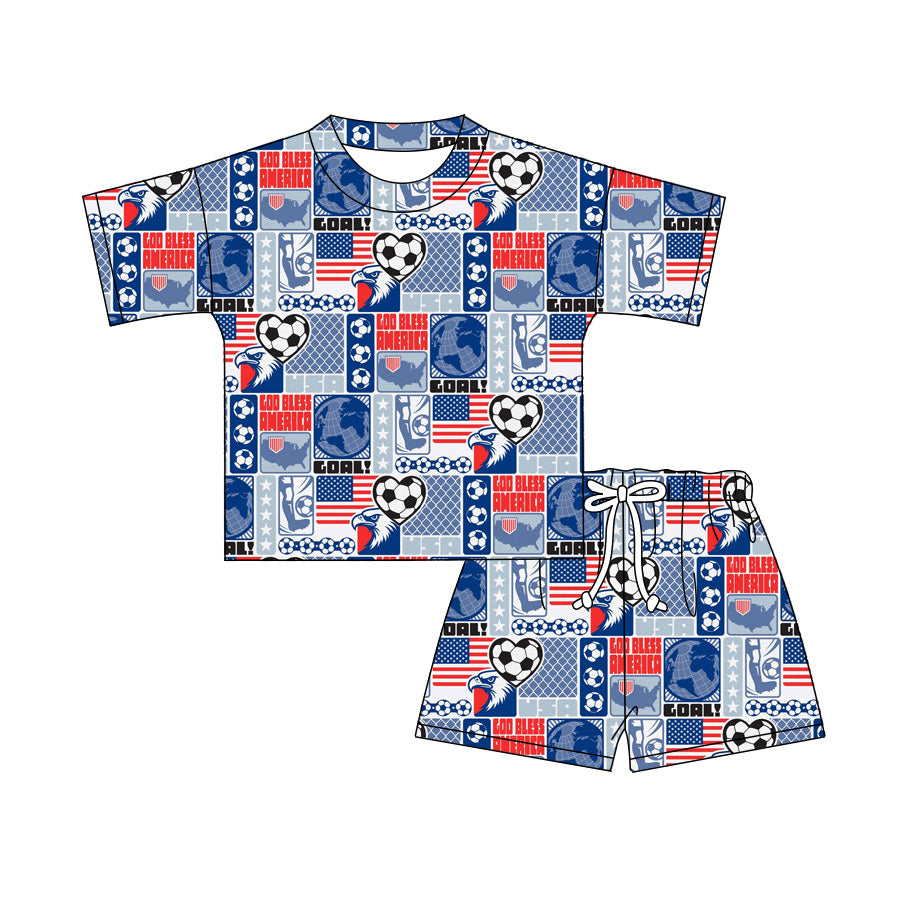 4.2 Custom moq 5 mix size Sibling Baby Footballs Checked 4th of July Short-Sleeved Top Shorts Set Summer Outfit