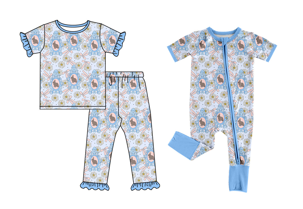 25.12.25 custom each style moq 5 eta 6-8week Sibling Sisters bunny bow baby girl clothes short sleeve pants sets and romper match family design