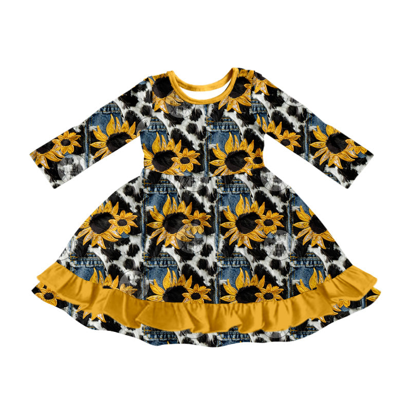 8.3 custom each style moq 5eta 4-6week baby girls clothes cow sunflower long sleeve dress