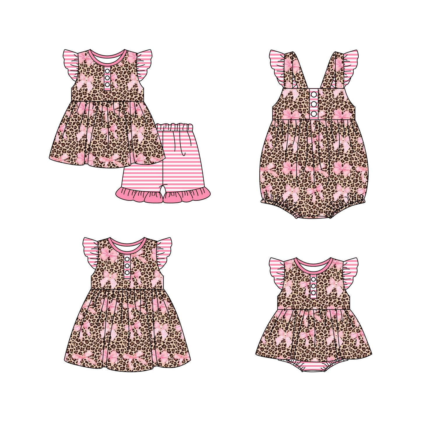 11.21 custom each style moq 5eta 4-6week Sibling Sister bow leopard baby girl short sleeve shorts sets and girls romper and boy romper and dress match design