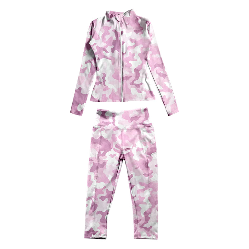 7.3 custom each style moq 5eta 4-6week baby girls clothes leopard pink Yoga Suit Zipper Long Sleeve Pants Set