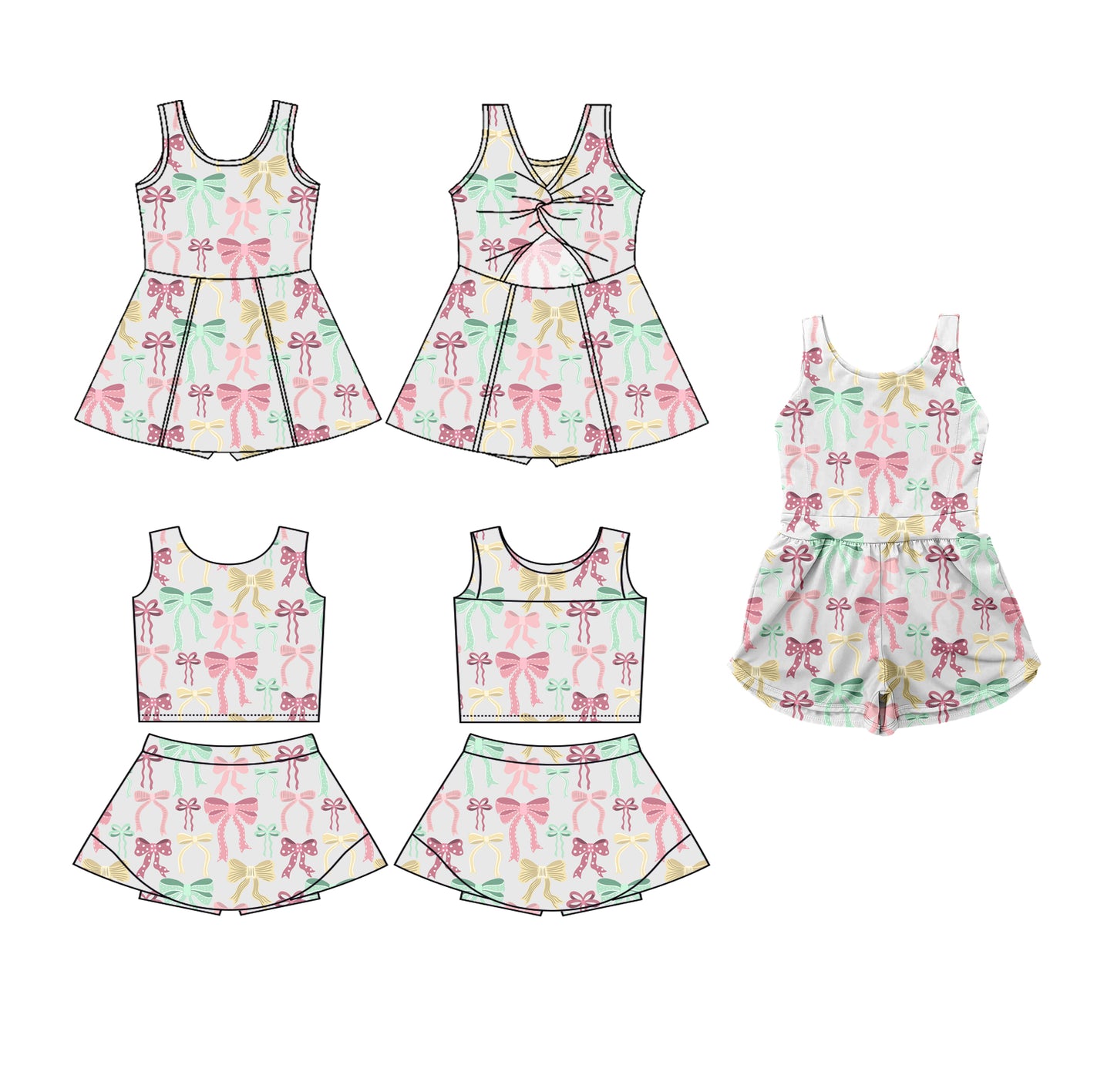 3.19 custom each style moq 5eta 4-6week Sibling Sister bow baby girls clothes Short sleeve yoga dress 1 and dress 2 and jumpsuit match family design