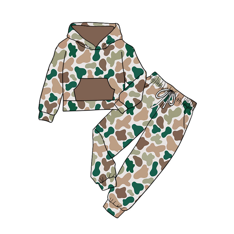 8.31 custom each style moq 5eta 4-6week baby girls clothes camouflage hooded long sleeve pants sets