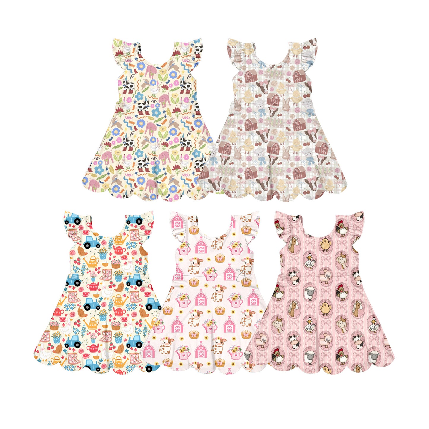 Custom moq 5 mix size Sibling Baby Girls Print Flying sleeves Knee-Length Yoga Dress