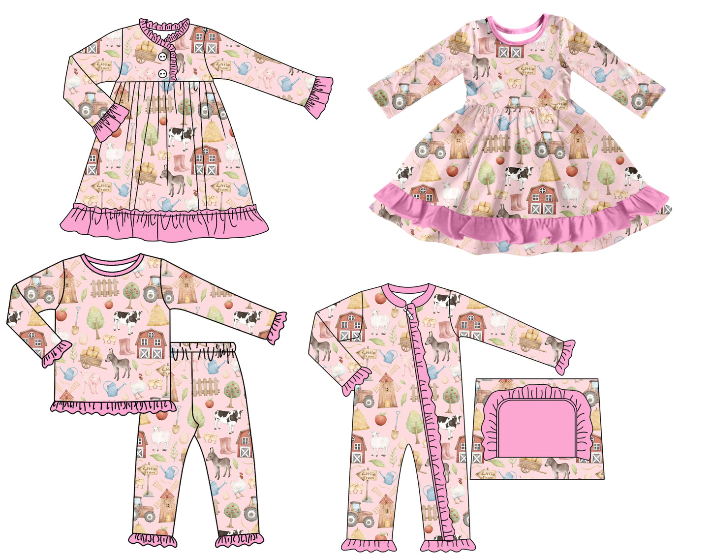 25.7.12 custom each style moq 5 eta 4-6week Sibling Sisters animal farm baby girl long sleeve pants sets and romper and dress 1 and dress 2 match family design
