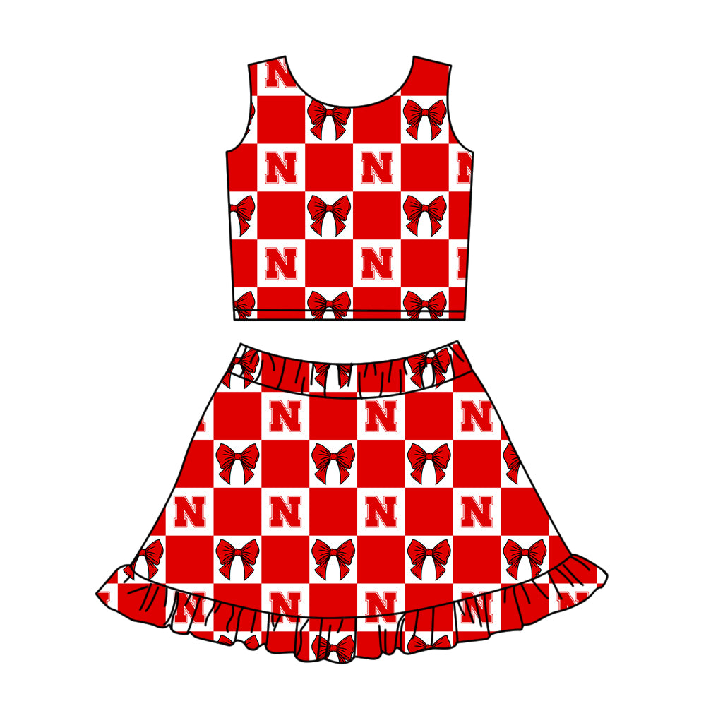 Custom moq 3 or 5 mix size milk silk summer teams baby girl clothes bow red sleeveless skirts sets-26.1.22