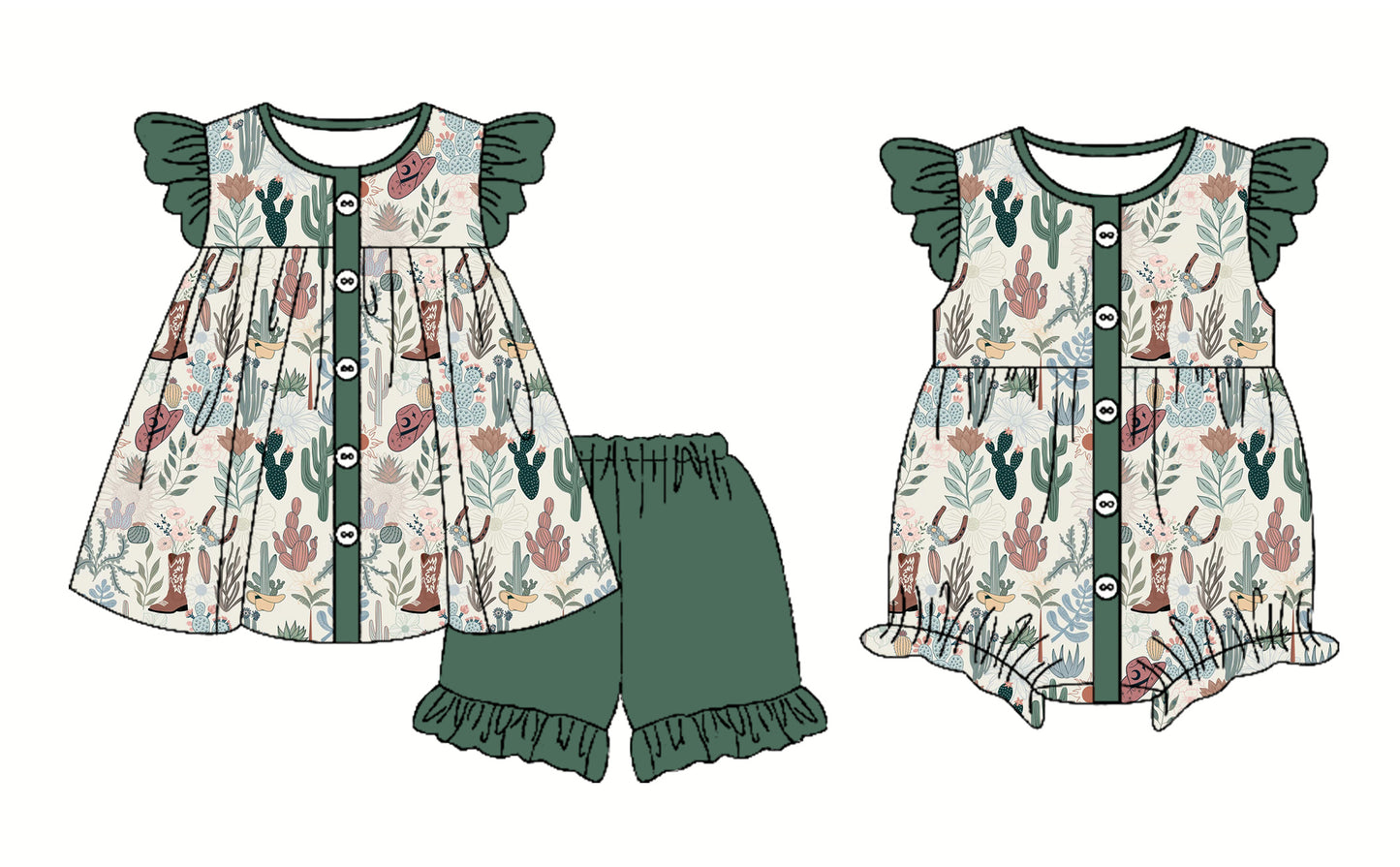 2.26 custom each style moq 5eta 4-6week Sibling Sister catcus baby girl short sleeve shorts sets and romper match design