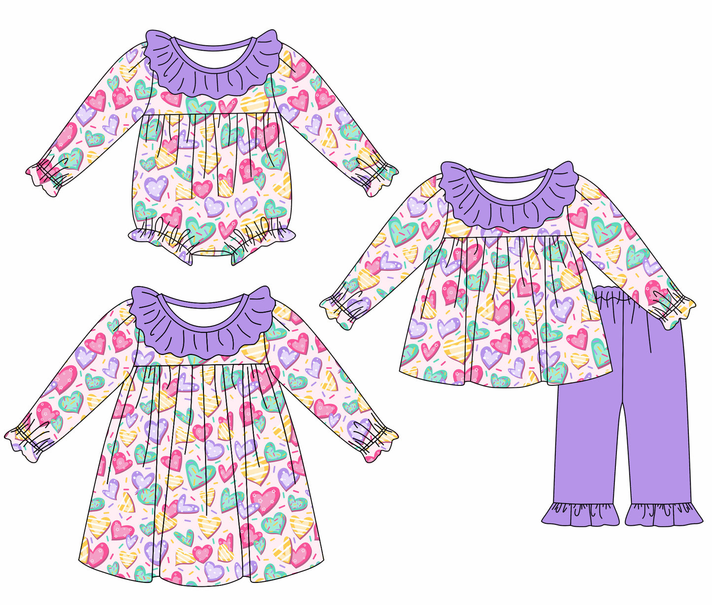 11.3 custom each style moq 5eta 4-6week Sibling Sister love purple baby girl sets and dress and rompers match family design