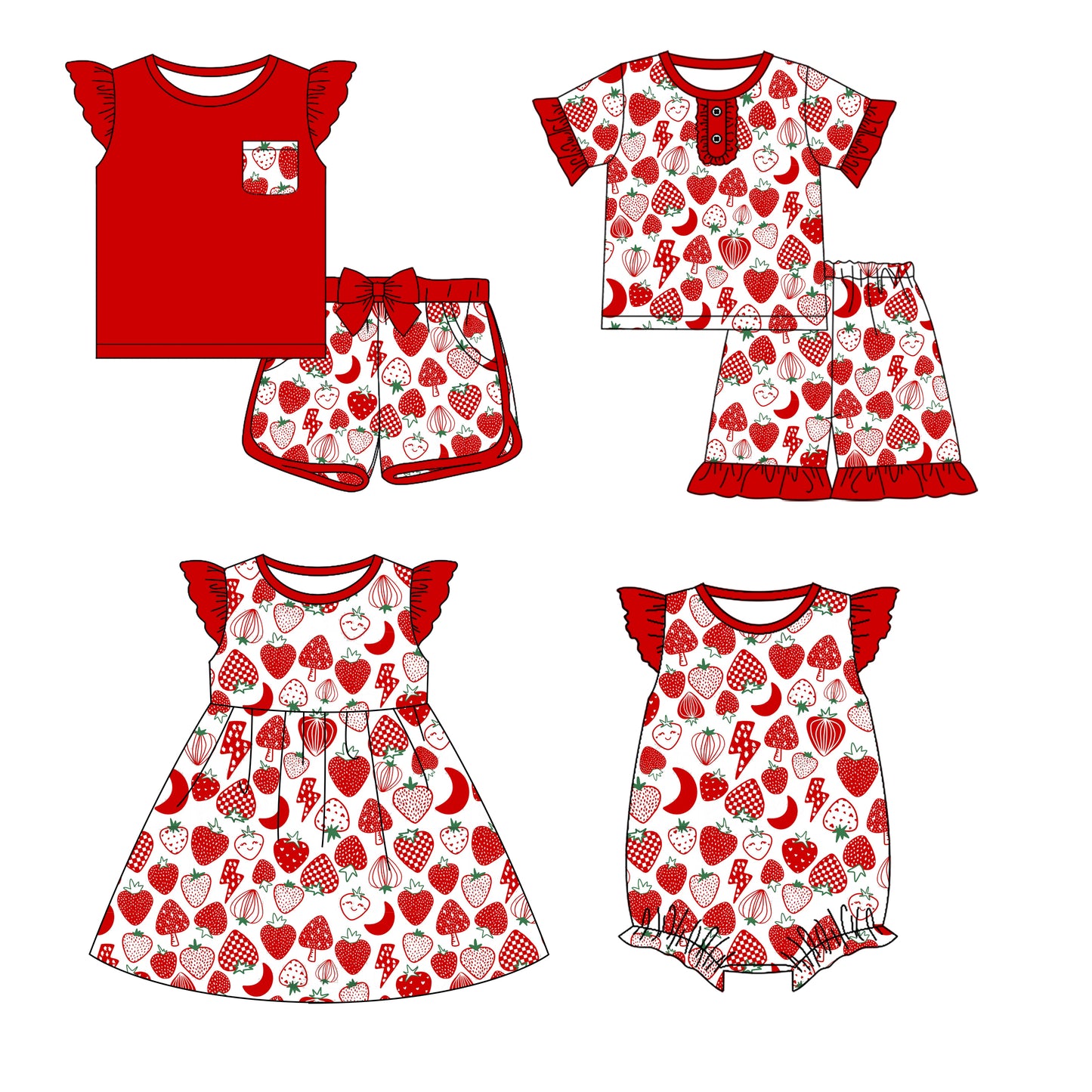 12.21 custom each style moq 5eta 4-6week Sibling Sister strawberry baby girl short sleeve shorts sets and sets 2 and girls romper and boy romper and dress match design