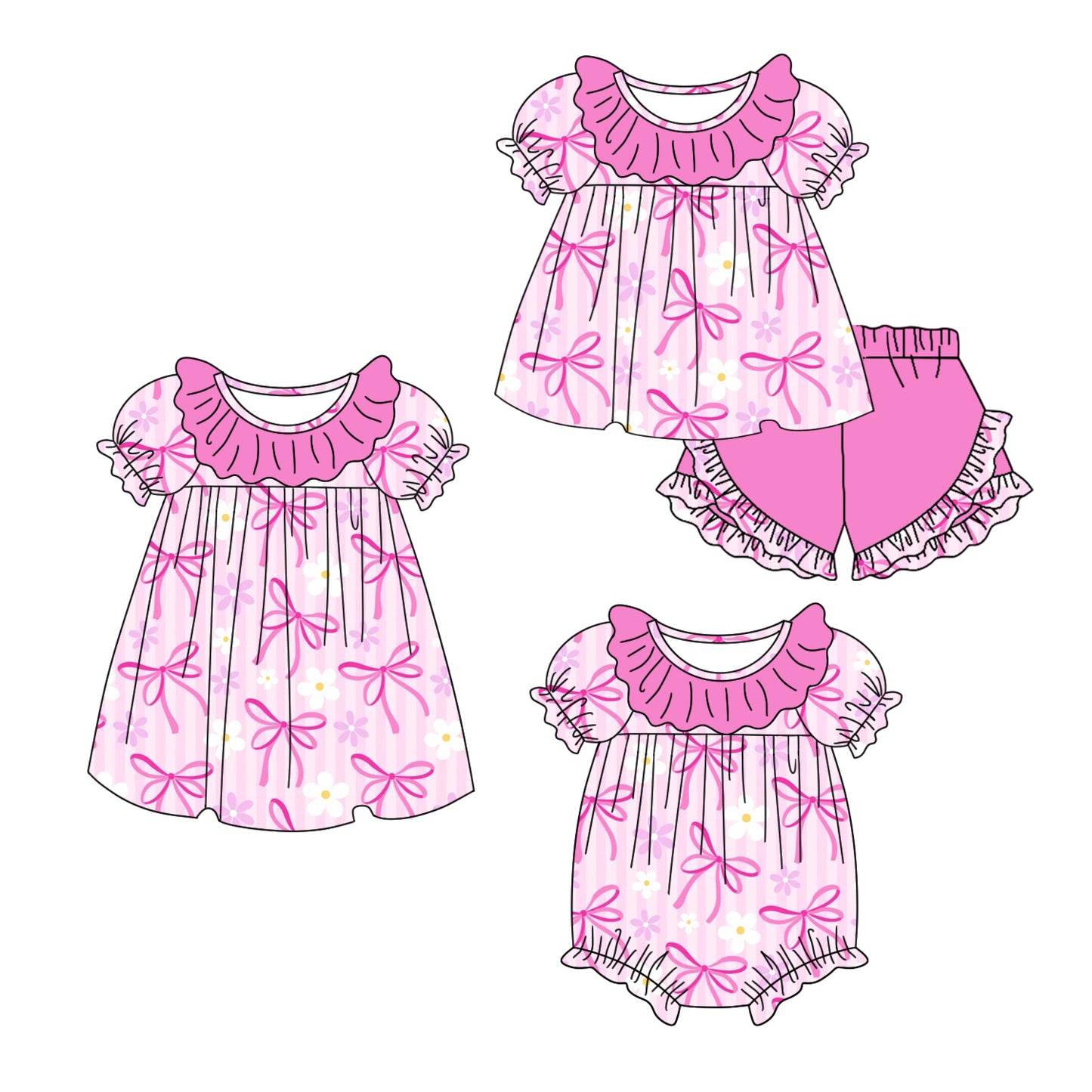 11.6 custom each style moq 5eta 4-6week Sibling Sister bow baby girl short sleeve shorts sets and dress and rompers match family design
