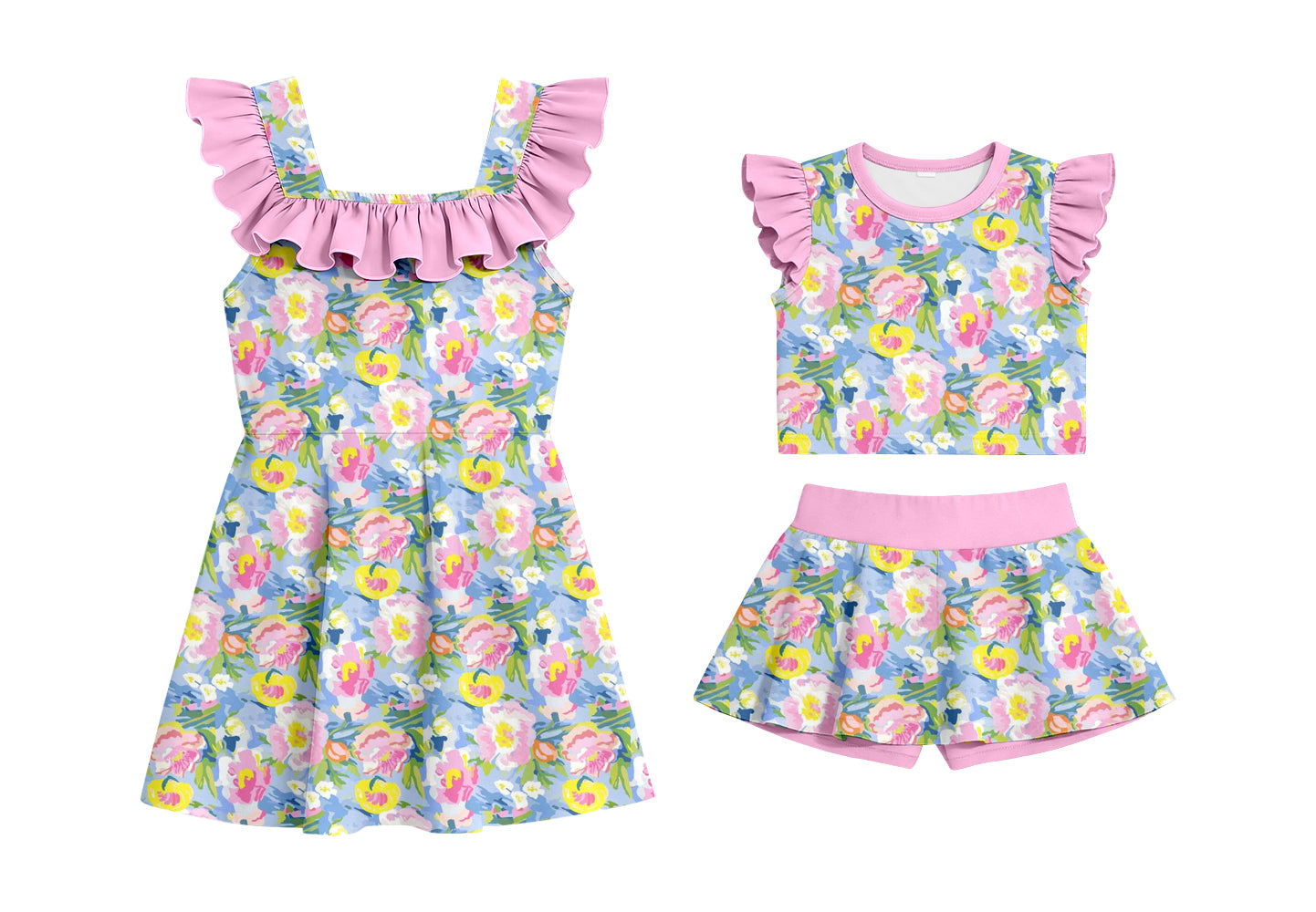 Custom moq 5 mix size Sibling Baby Girl Floral Print Pink Sleeveless Top And Shorts Set Dress Cute Summer Outfit for Infants