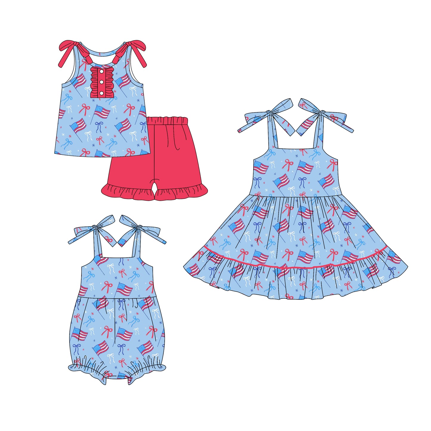 25.12.16 custom each style moq 5 eta 6-8week Sibling Sister flag bow baby short sleeve shorts sets and romper and dress match design