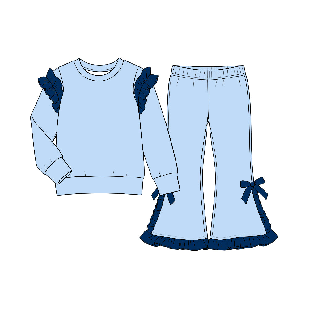 custom moq 5 mix size Baby Girls Ruffle Light Blue Long Sleeve Top And Navy Ruffle Flare Pants Set