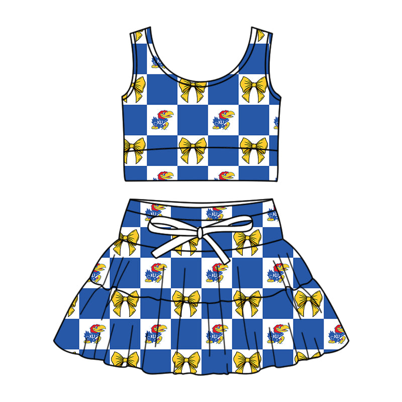 Custom moq 3 or 5 mix size milk silk summer teams baby girl clothes bow blue sleeveless skirts sets-26.1.24