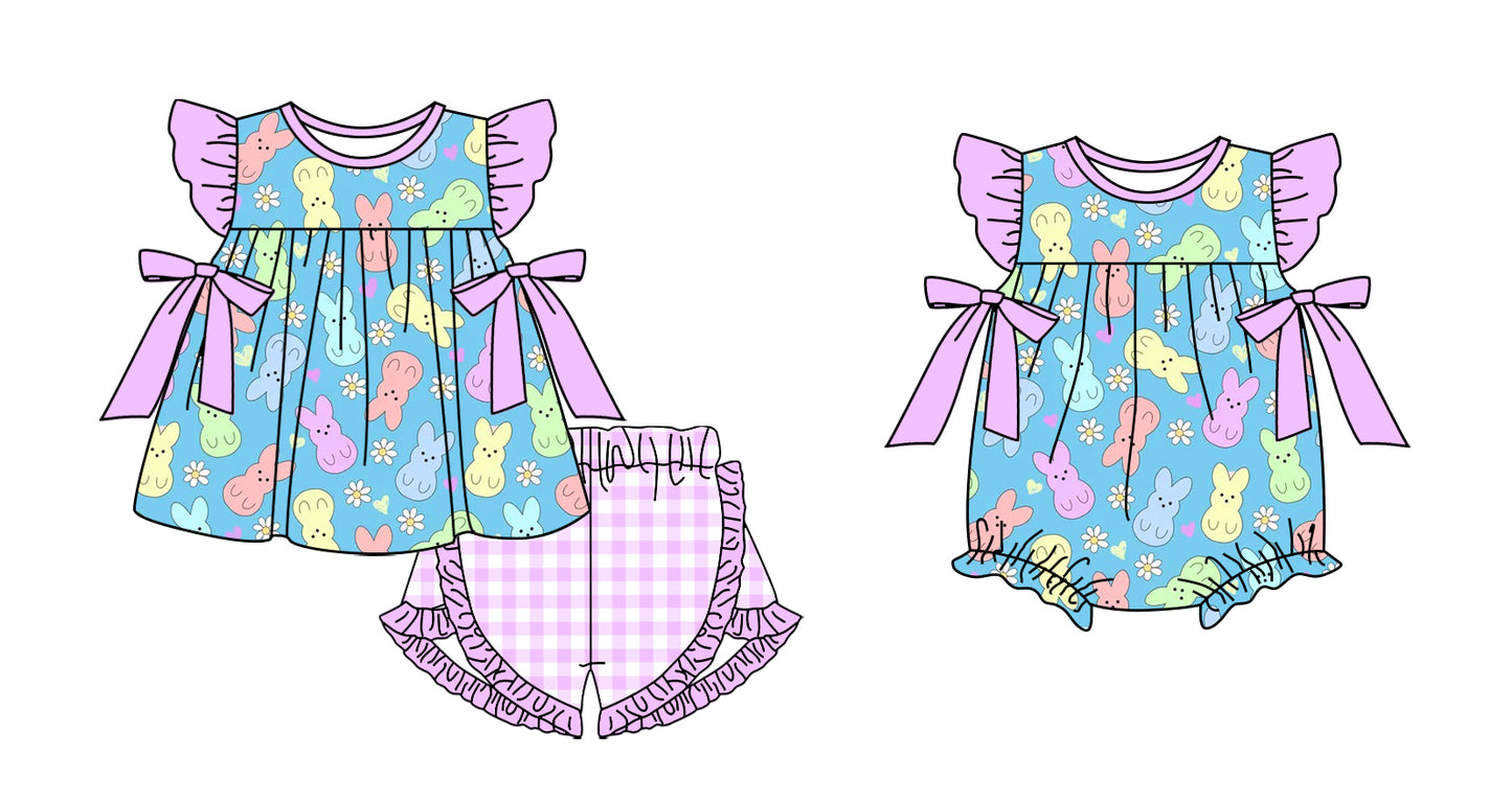 25.11.3 custom each style moq 5 eta 6-8 week Sibling Sister bunny floral baby girl short sleeve shorts sets and rompers match family design
