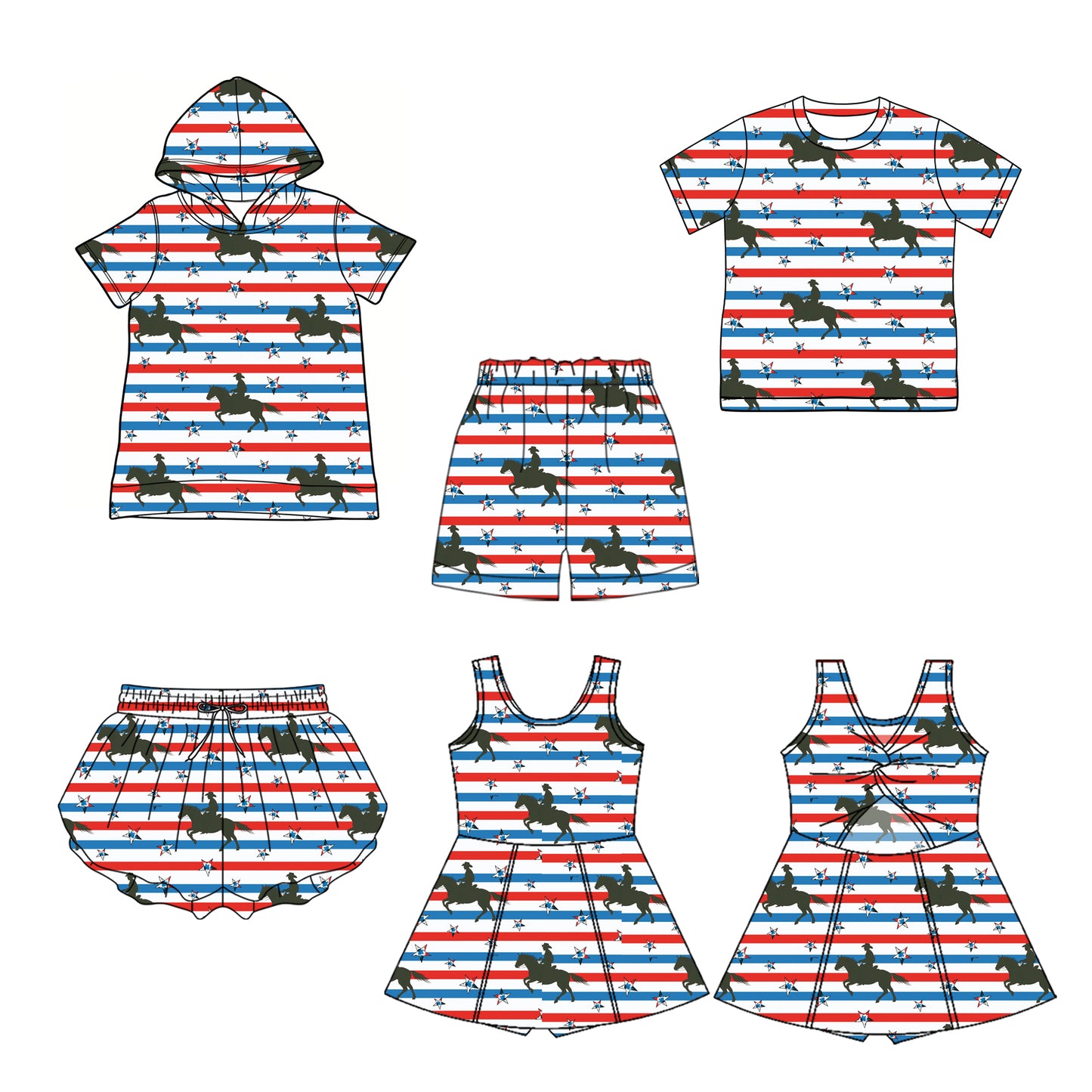 Custom moq 5 mix size Sibling Baby Boy Short-Sleeved Hooded Top and Crew Neck Top with Shorts Baby Girl Yoga Shorts And Dress for Kids Striped Print 4th of July Clothing