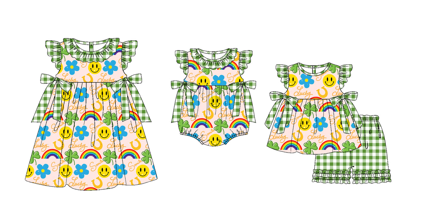 11.20 custom each style moq 5eta 4-6week Sibling Sister rainbow smiley baby girl short sleeve shorts sets and dress and rompers match family design