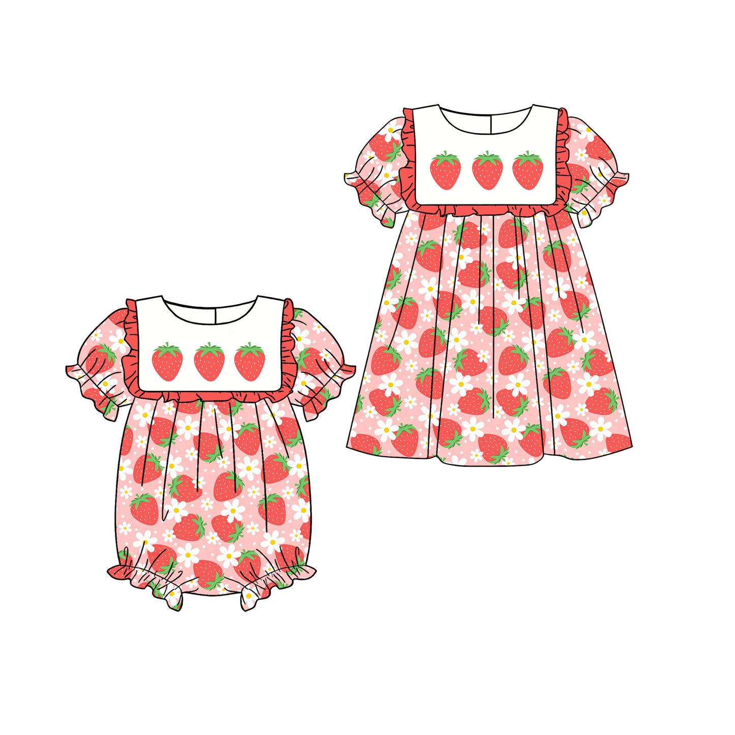 25.12.26 custom each style moq 5 eta 6-8week Sibling Sister strawberry baby short sleeve romper and dress match design
