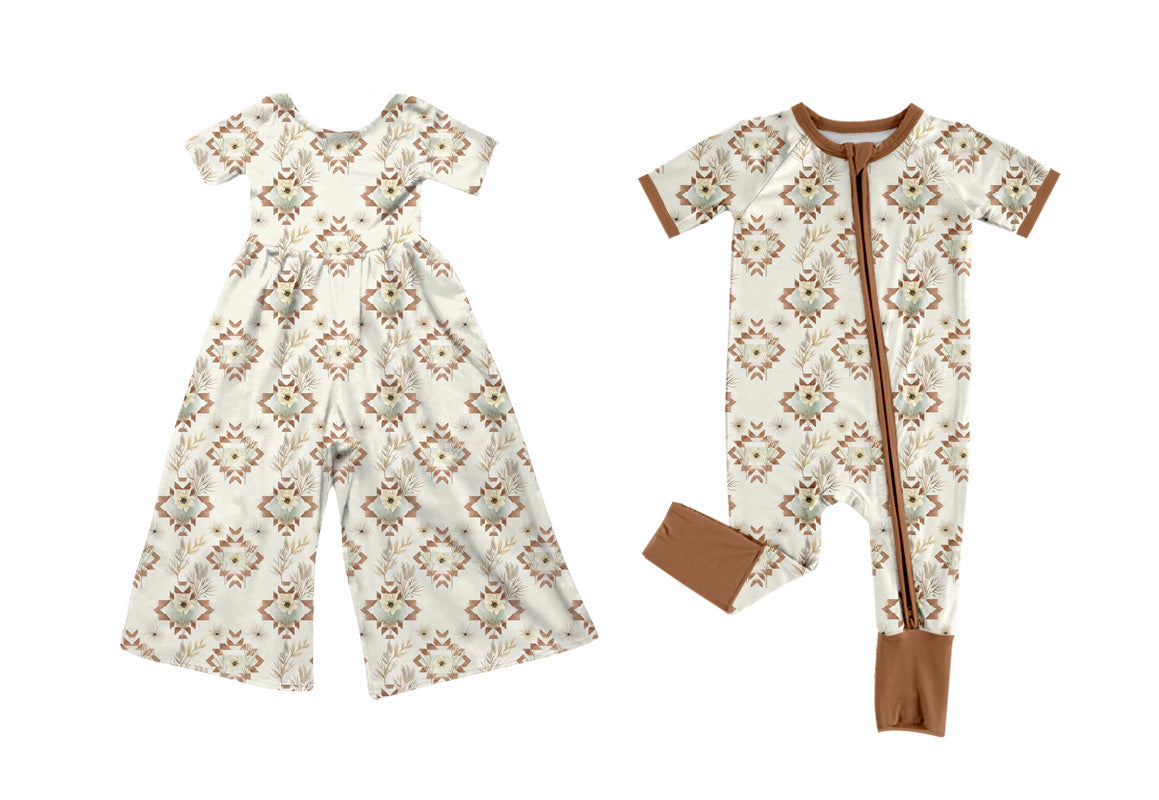 3.9 Custom moq 5 mix size Sibling Baby Girl Brown Short-Sleeve Jumpsuit Short-Sleeve Zip-Up Romper Outfit