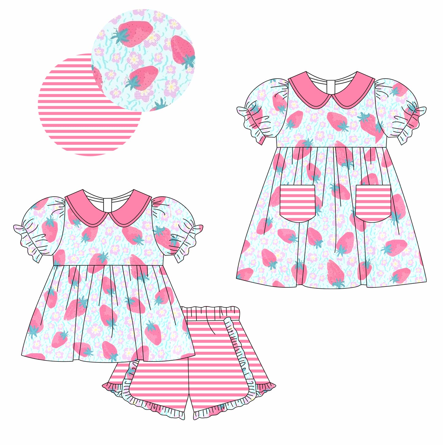 12.3 custom each style moq 5eta 4-6week Sibling Sister strawberry baby girl short sleeve shorts sets and dresses match design