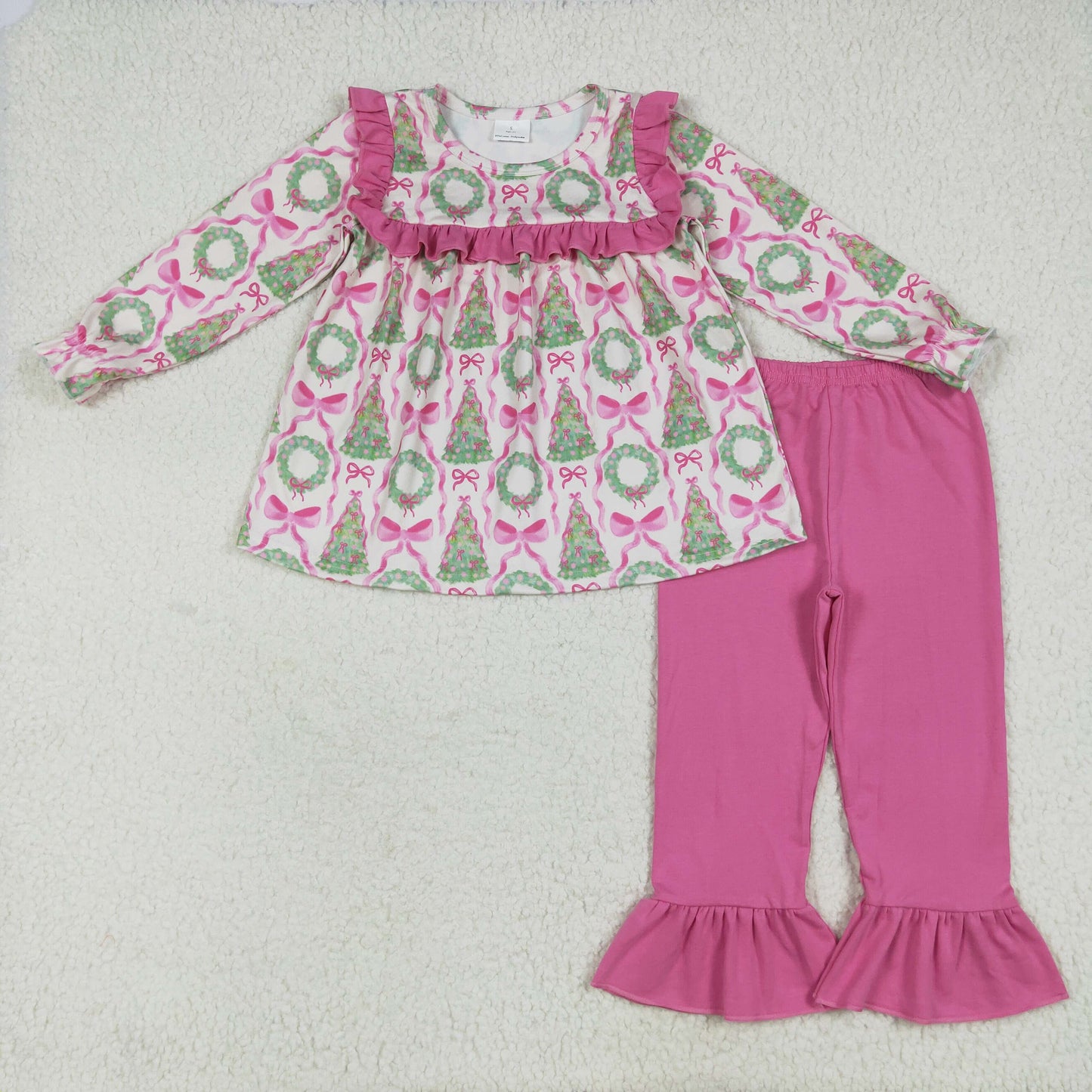 RTS NO MOQ(In Stock ) GLP2339 Christmas tree rose red bow pattern lace long sleeve trousers suit