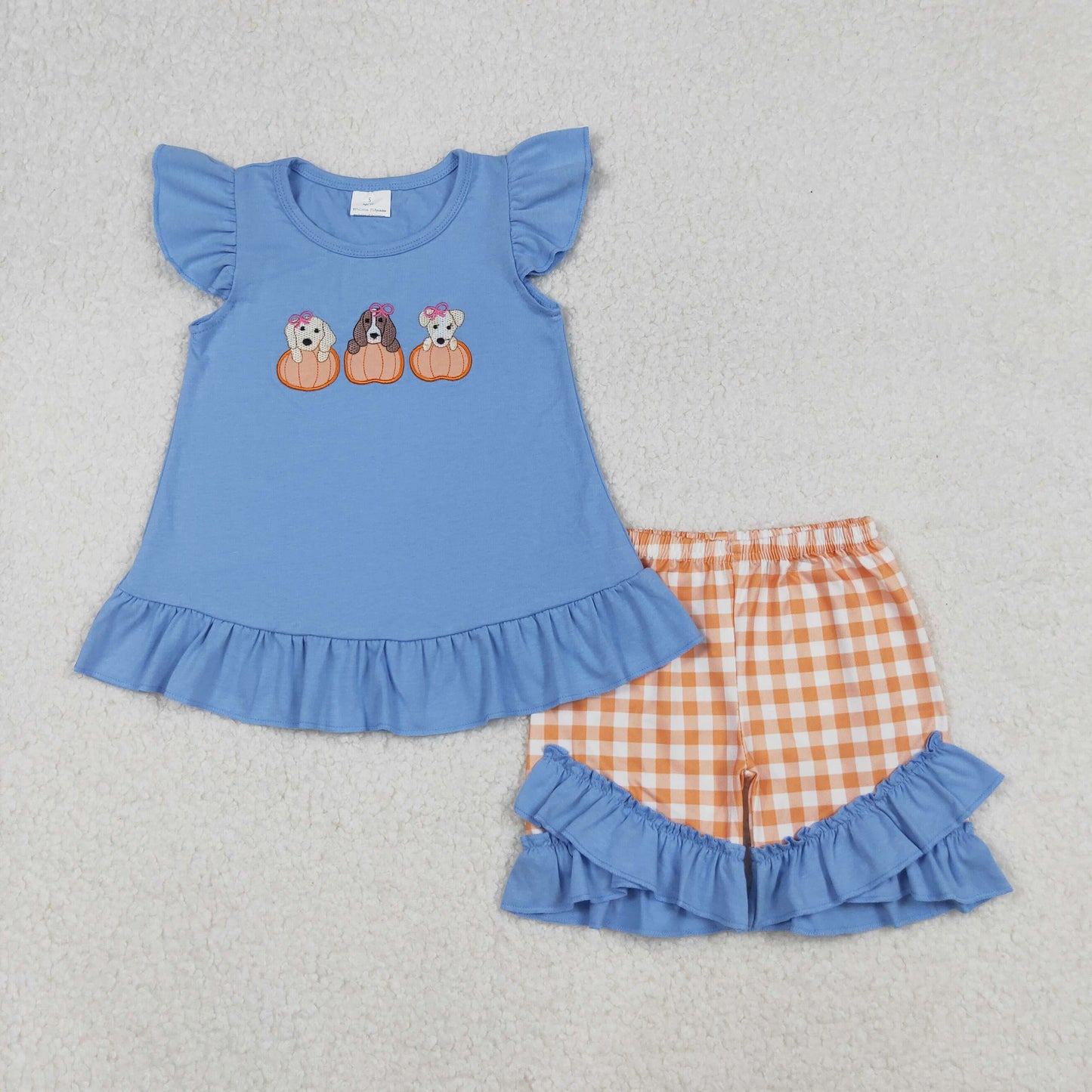 RTS NO MOQ(In Stock) GSSO2700 Embroidered Bow Pumpkin Puppy Blue Fly Sleeve Orange Plaid Shorts Set