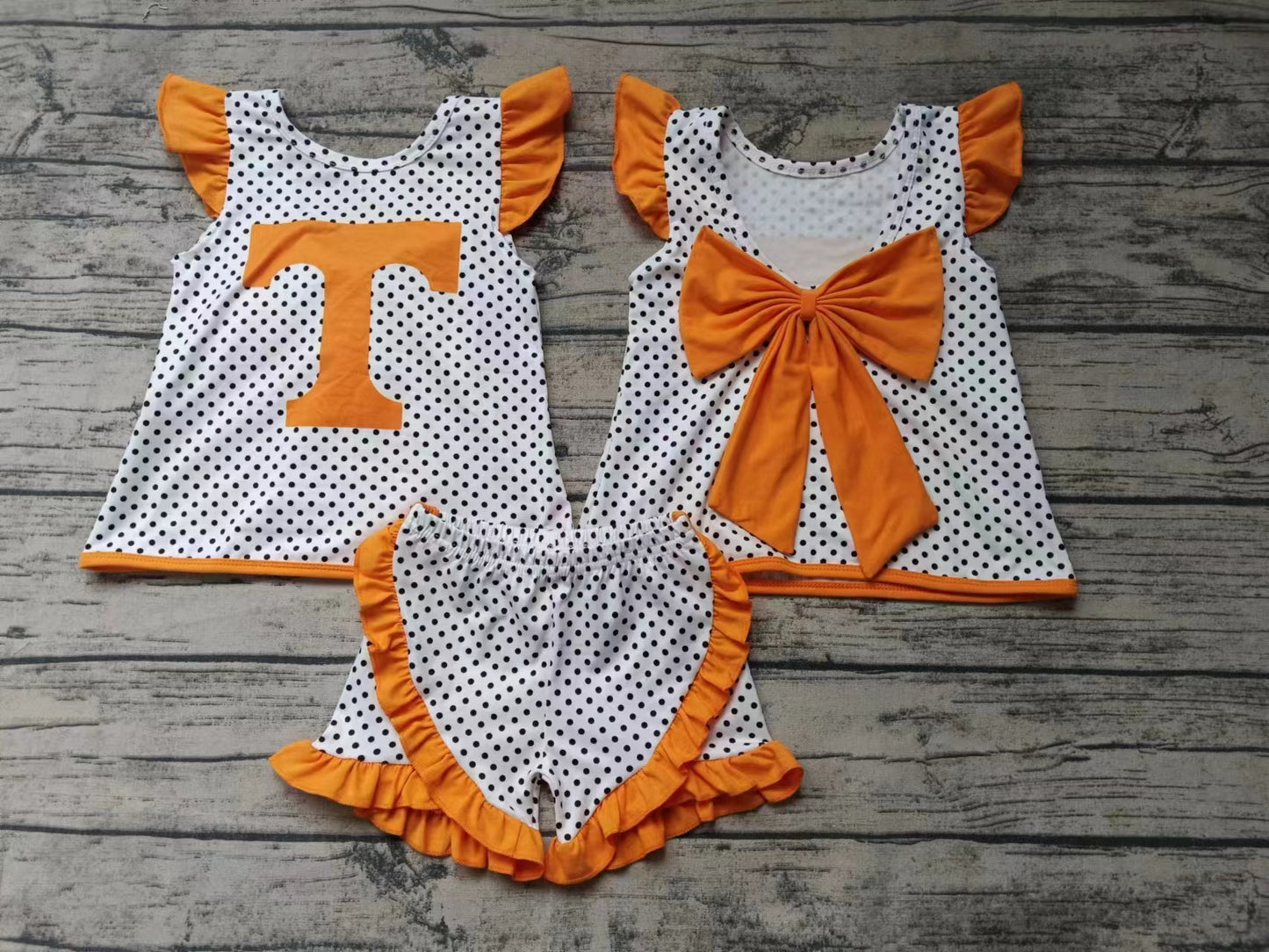 custom moq 5 eta 5weeks summer team T baby girls clothes orange flying sleeve shorts set