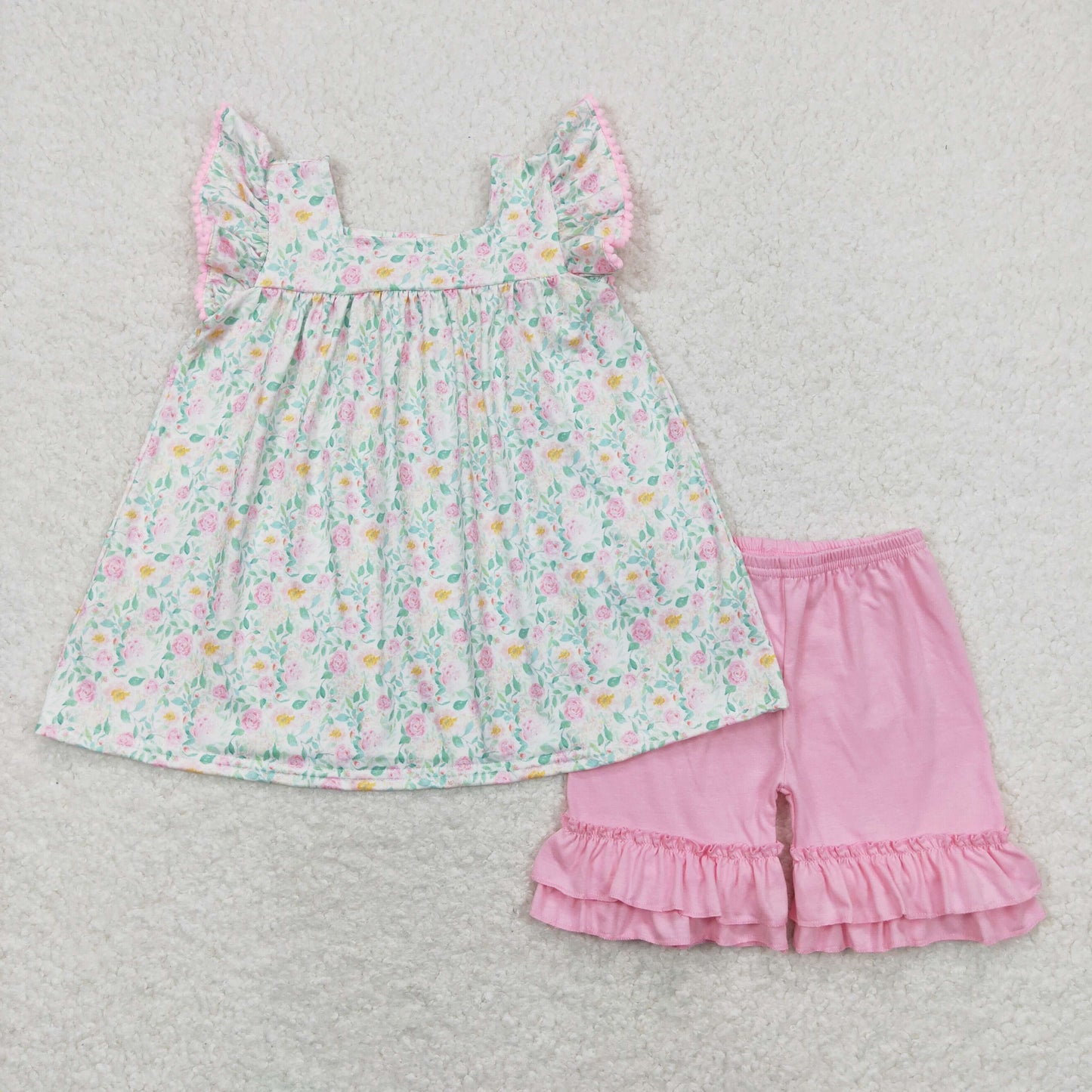 GSSO0487 Floral lace sleeveless pink shorts suit