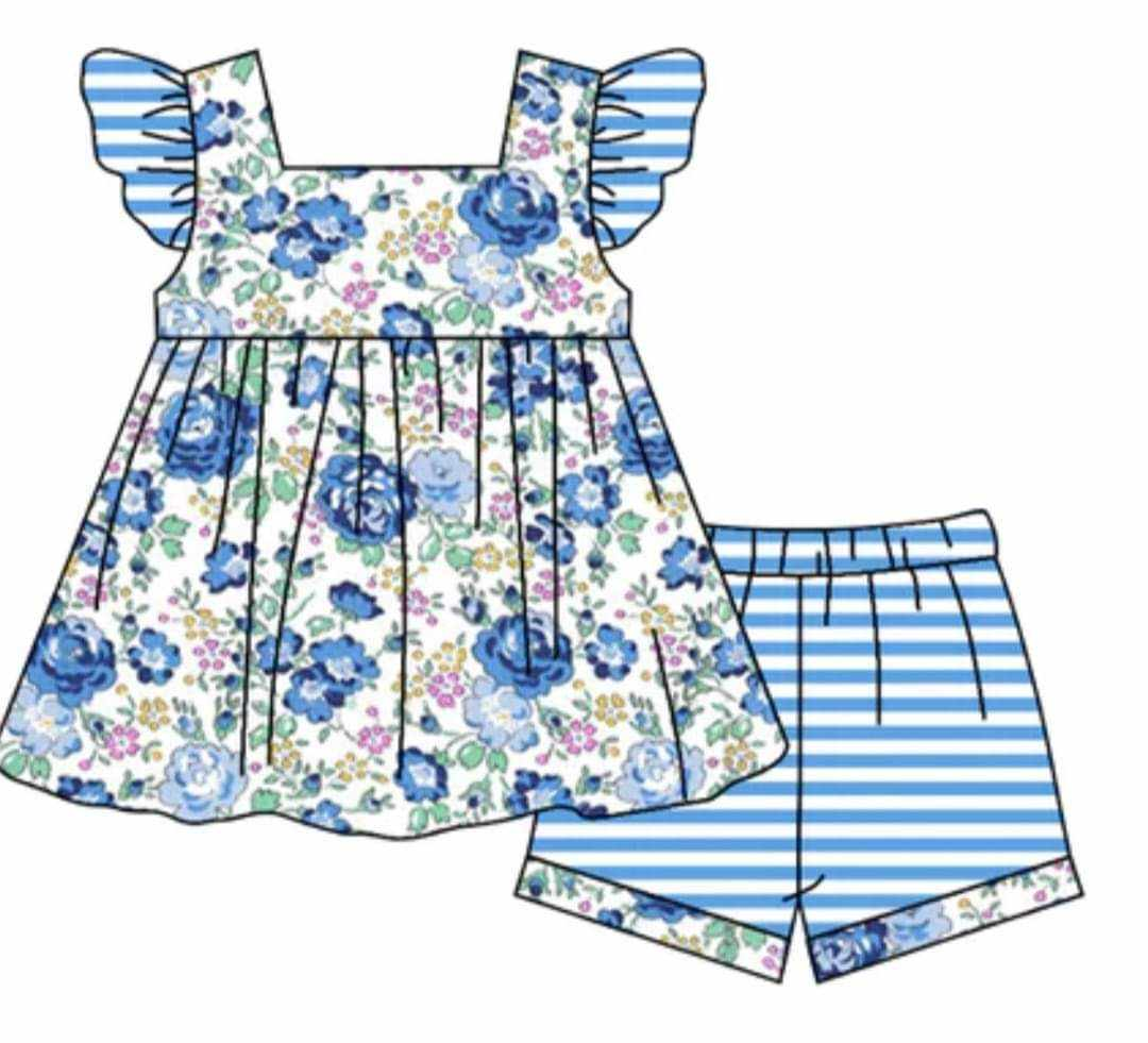Blue flower short-sleeved shorts